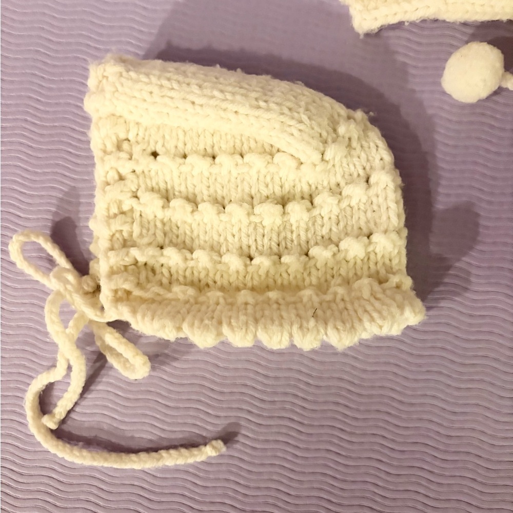 Vintage 1970 Hand Luxury Knitted Ivory Baby Layette Sweater Jacket Bonnet Set - Picture 6 of 11